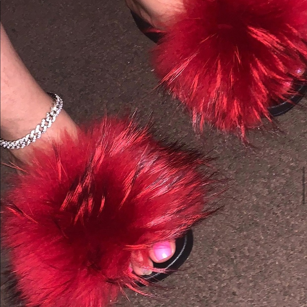 Red fluffy faux fur slides (size 4-12 available)